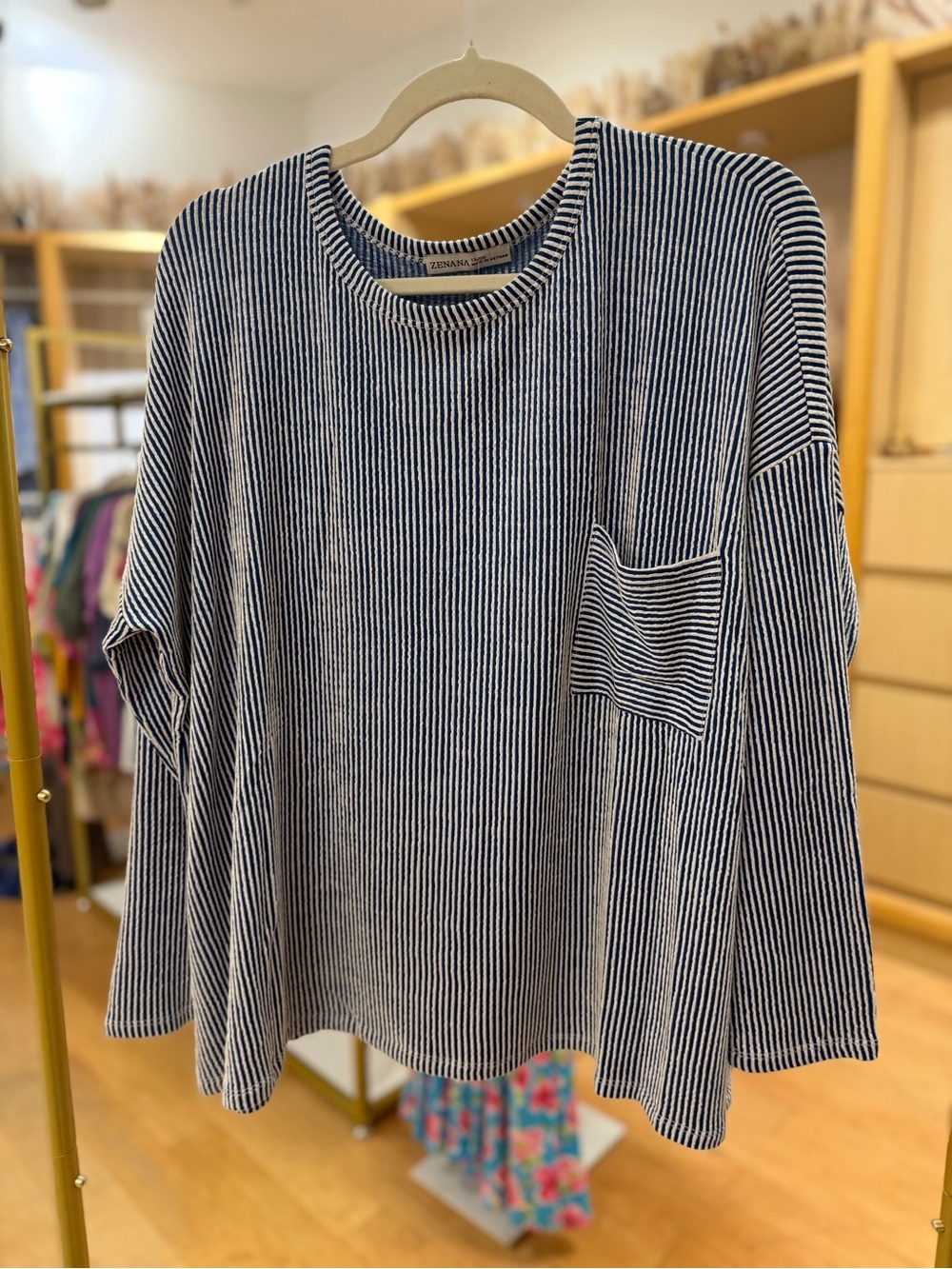Zenana Outfitters Navy and White Striped Long Sleeve Tee